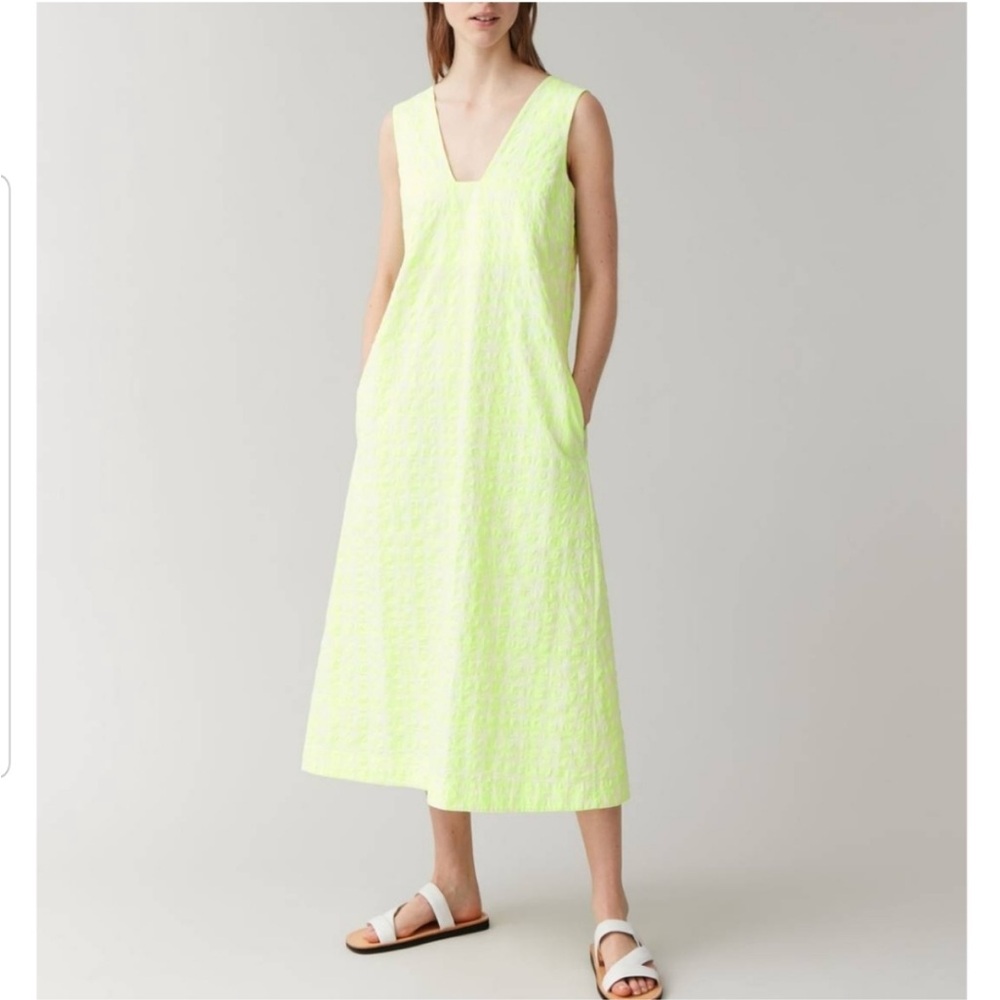 COS Neon Seersucker Check Long Dress Stretch Cotton Sleeveless Size 12